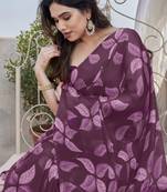 Wine chiffon leaf print floral print saree