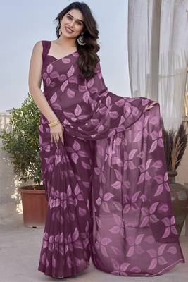 Wine chiffon leaf print floral print saree 2