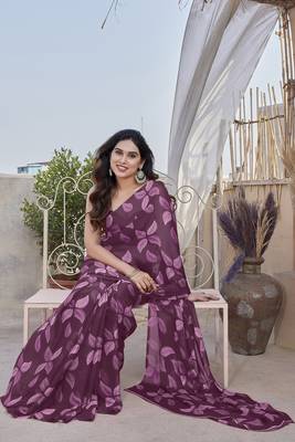 Wine chiffon leaf print floral print saree 3
