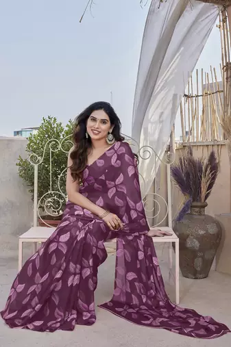 Wine chiffon leaf print floral print saree