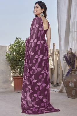 Wine chiffon leaf print floral print saree 5