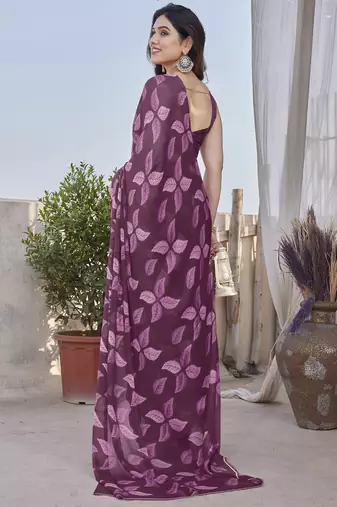 Wine chiffon leaf print floral print saree