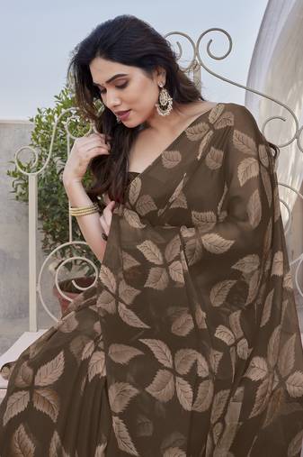 Coffee brown chiffon leaf print floral print saree