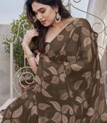 Coffee brown chiffon leaf print floral print saree