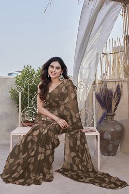 Coffee brown chiffon leaf print floral print saree 3