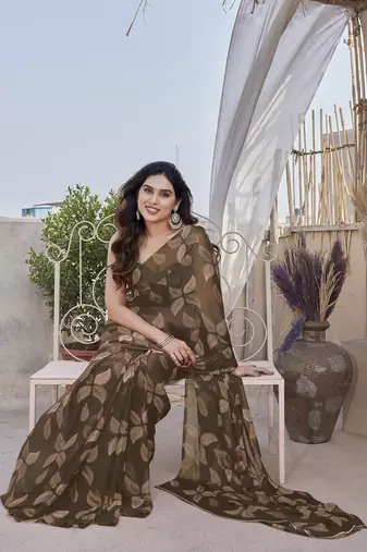Coffee brown chiffon leaf print floral print saree