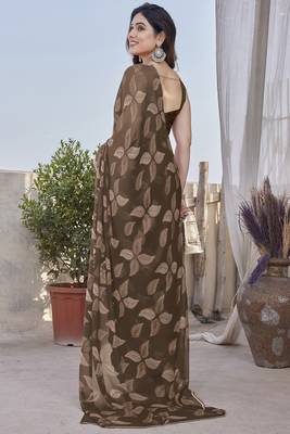 Coffee brown chiffon leaf print floral print saree 5