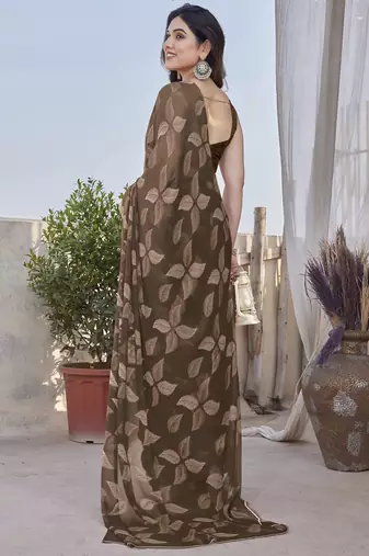 Coffee brown chiffon leaf print floral print saree