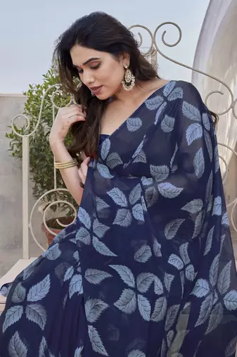 Navy blue chiffon leaf print floral print saree