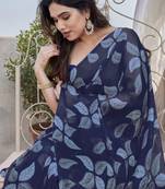 Navy blue chiffon leaf print floral print saree