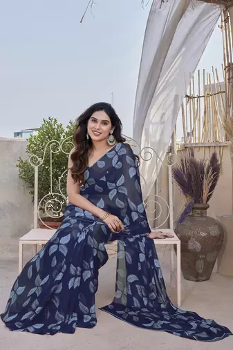 Navy blue chiffon leaf print floral print saree
