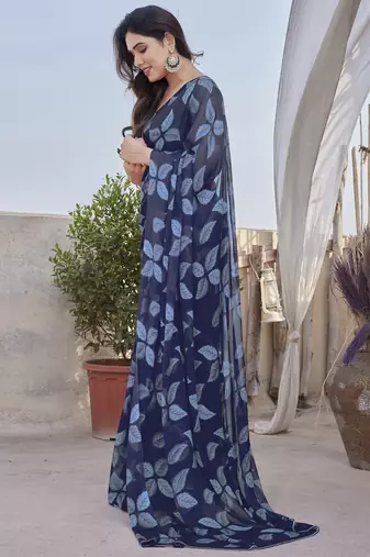 Navy blue chiffon leaf print floral print saree
