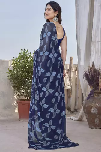 Navy blue chiffon leaf print floral print saree