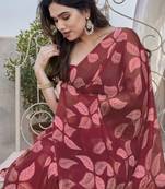 Maroon chiffon leaf print floral print saree