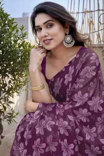 Wine chiffon floral print saree