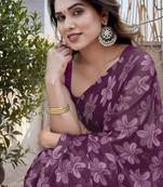 Wine chiffon floral print saree