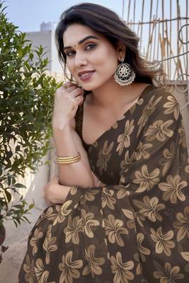 Coffee brown chiffon floral print saree 1