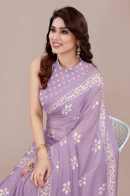 Light lavender chiffon batik print block print saree 1