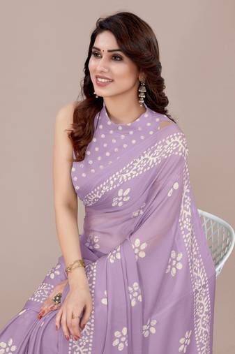 Light lavender chiffon batik print block print saree