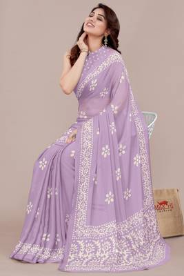 Light lavender chiffon batik print block print saree 3