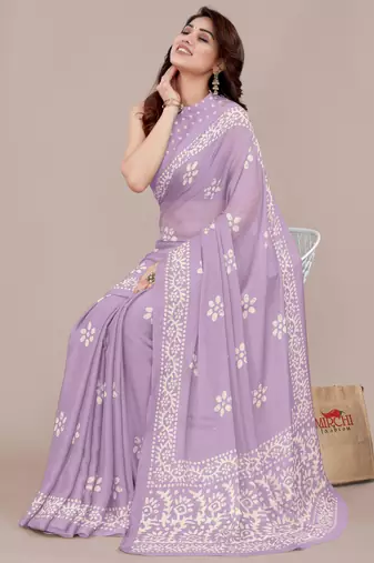Light lavender chiffon batik print block print saree