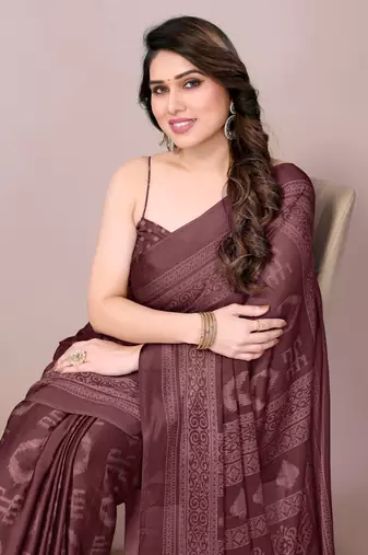 Maroon chiffon block print printed saree