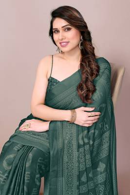Teal chiffon block print printed saree 1