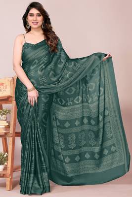 Teal chiffon block print printed saree 2