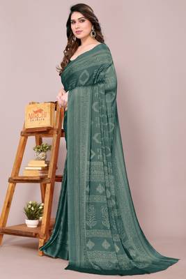 Teal chiffon block print printed saree 4