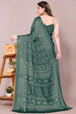 Teal chiffon block print printed saree 5