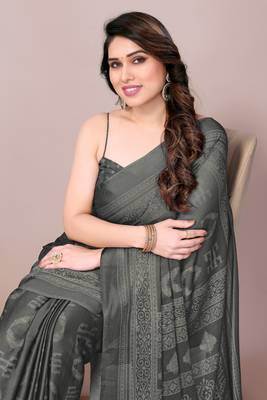 Grey chiffon block print printed saree 1