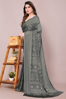 Grey chiffon block print printed saree 4