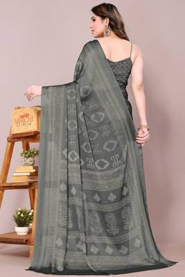 Grey chiffon block print printed saree 5