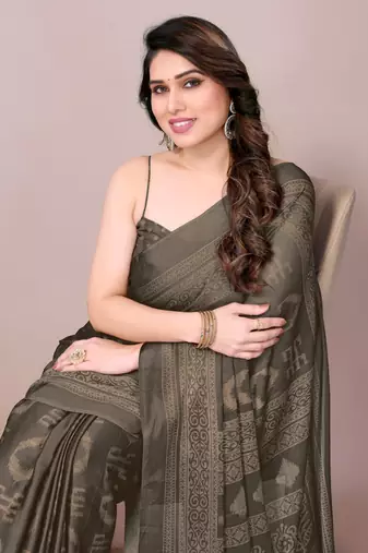 Taupe chiffon block print printed saree