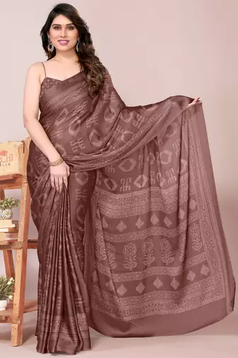 Dusty rose pink chiffon block print printed saree