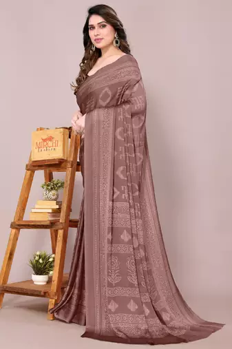 Dusty rose pink chiffon block print printed saree