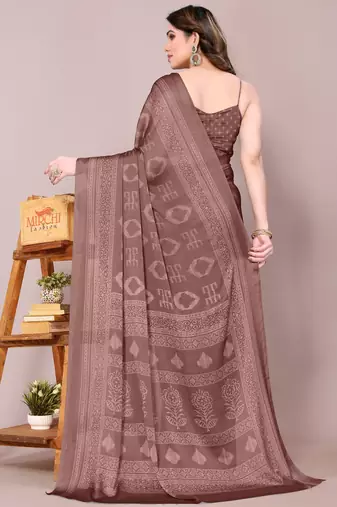 Dusty rose pink chiffon block print printed saree