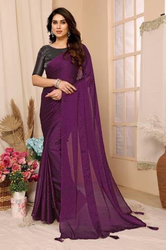 Purple satin silk all over stone work saree with Blouse