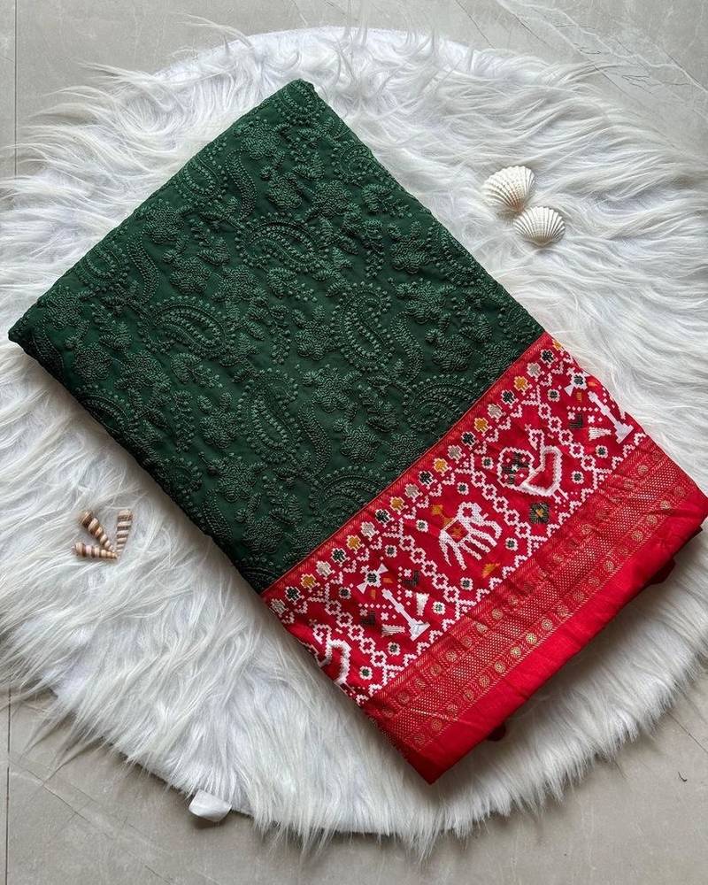 Green Colour Premium Georgette Chikankari Saree With Un-Stitched Blouse