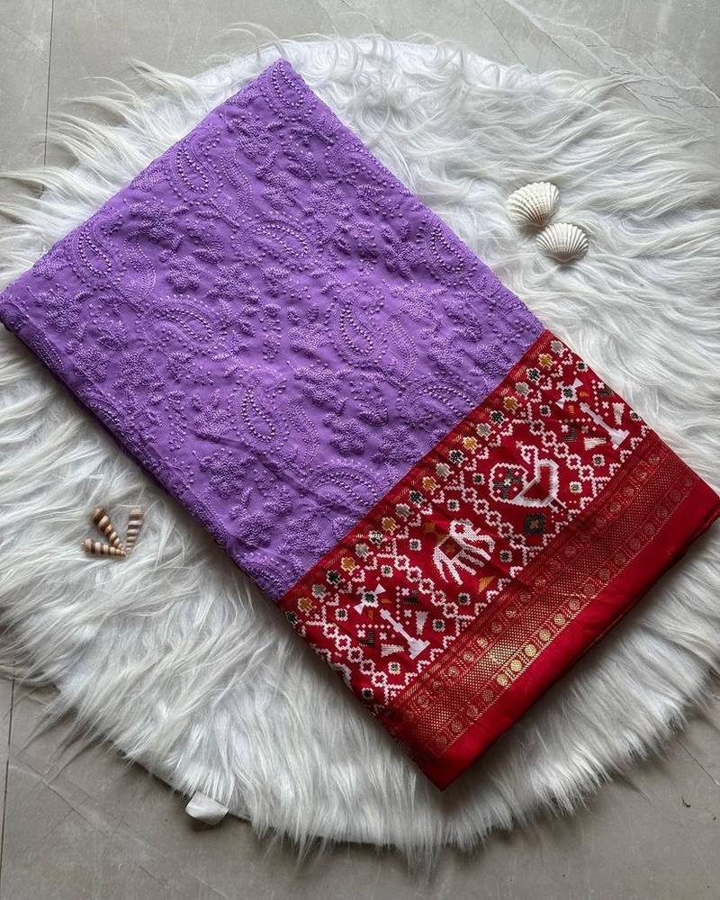 Purple Colour Premium Georgette Chikankari Saree With Un-Stitched Blouse