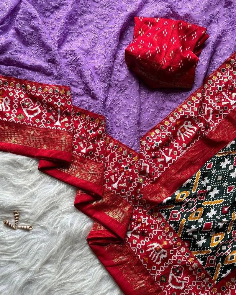 Purple Colour Premium Georgette Chikankari Saree With Un-Stitched Blouse