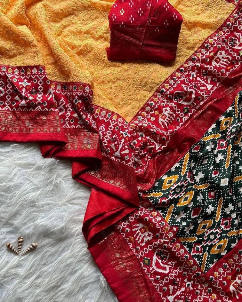 Chiku Colour Premium Georgette Chikankari Lucknowi Embroidered Saree With Un-Stitched Blouse