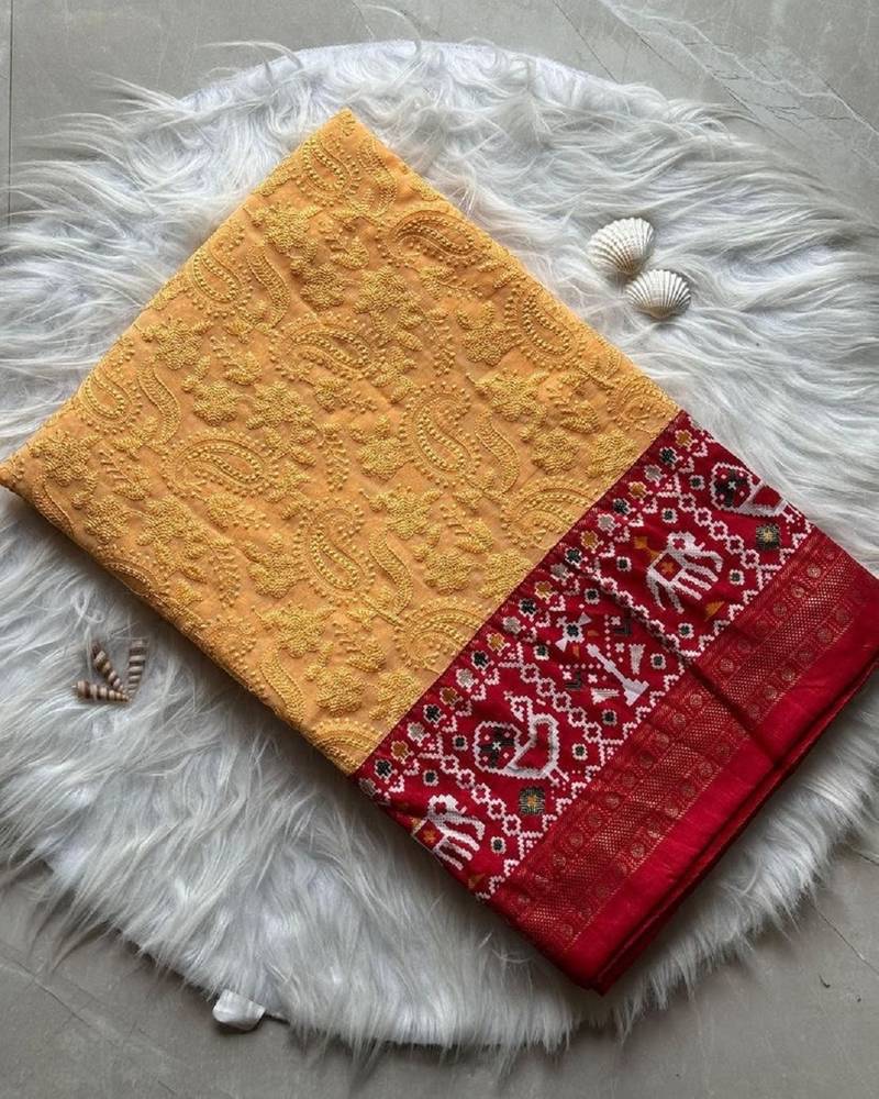 Chiku Colour Premium Georgette Chikankari Lucknowi Embroidered Saree With Un-Stitched Blouse