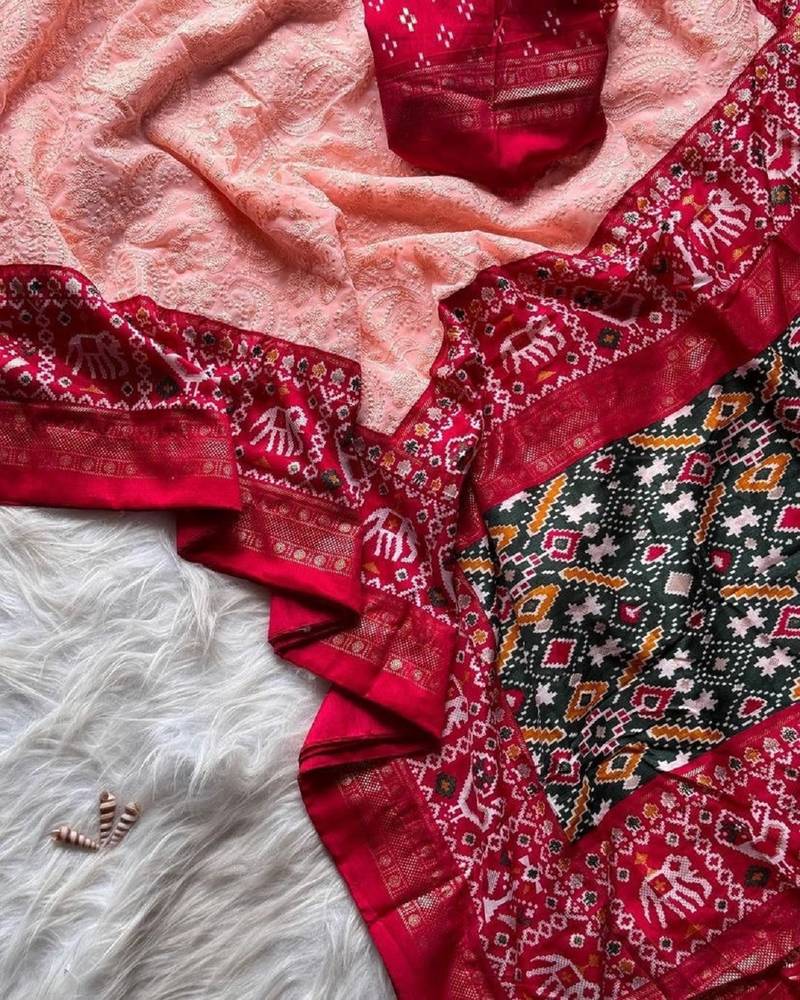 Peach Colour Premium Georgette Chikankari Lucknowi Embroidered Saree With Un-Stitched Blouse