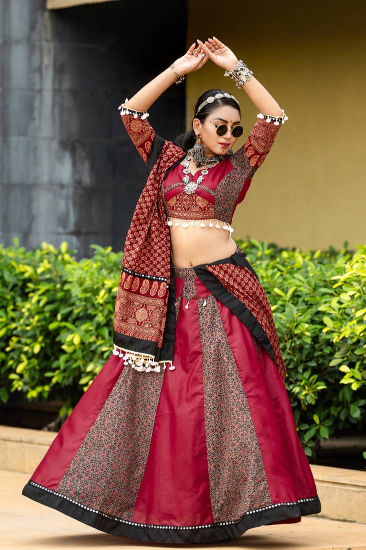 Maroon Color Pure Cotton Printed Navratri Multicolored Color Pure Cotton Printed Navratri Semi -Stitched Chaniya Choli 