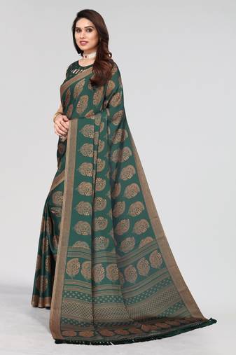 Green Moss Silk Printed Pallu & Border Rich Butti Saree With Blouse