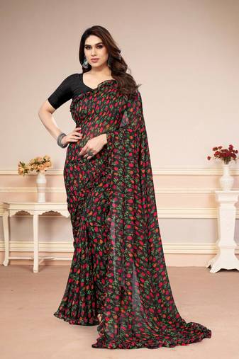 Black Georegtte Floral All over Print work Ruffle saree With Banglori Blouse