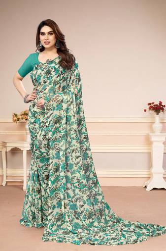 Sky Blue Georegtte Floral All over Print work Ruffle saree With Banglori Blouse