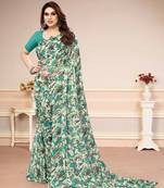 Sky Blue Georegtte Floral All over Print work Ruffle saree With Banglori Blouse