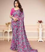Grey Georegtte Floral All over Print work Ruffle saree With Banglori Blouse